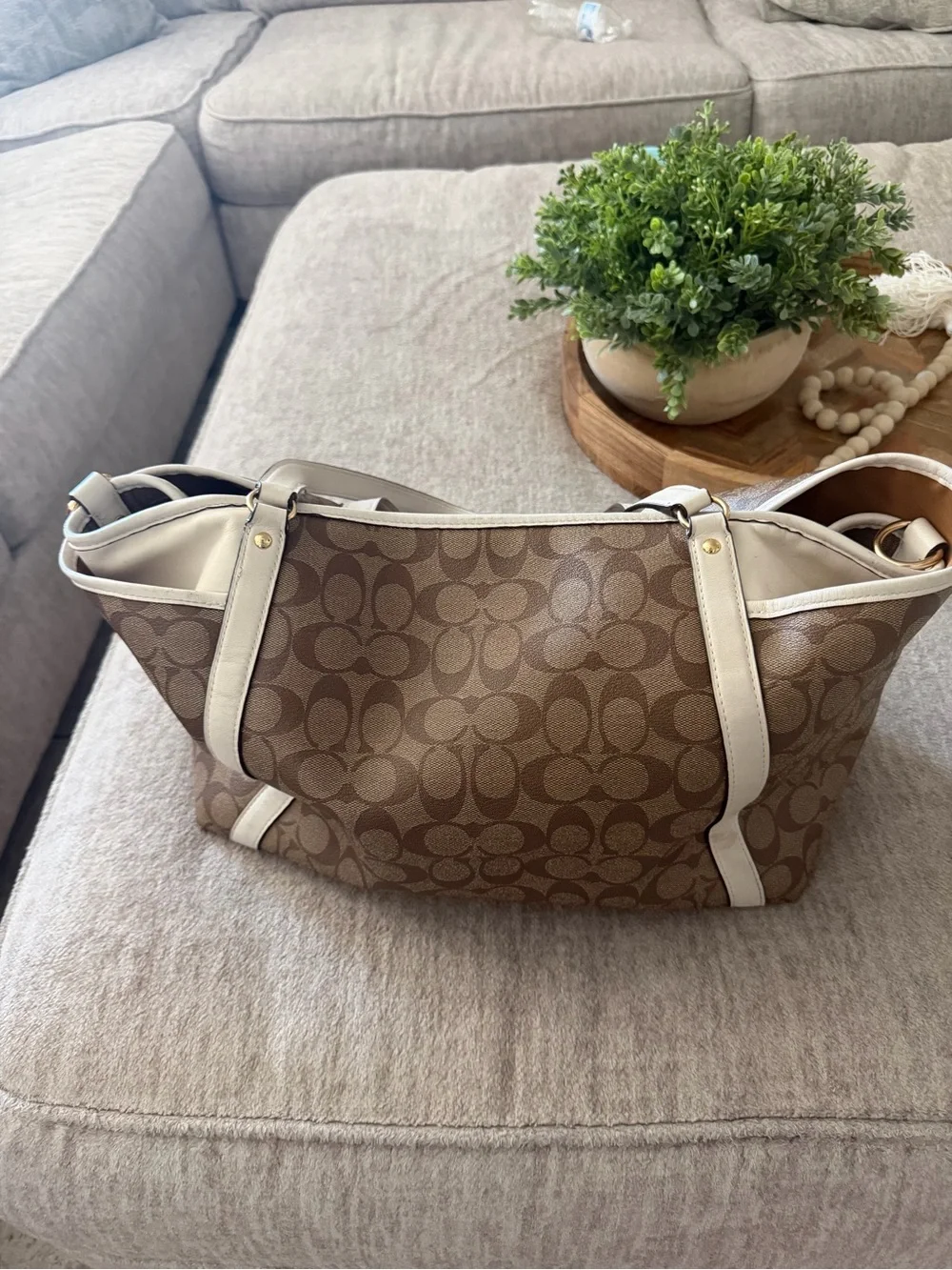 Coach Tan Signature Canvas Baby Bag with White Trim and Cherry Charm